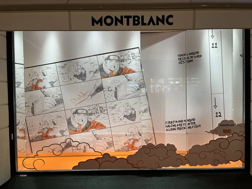 Décor de vitrine Montblanc : panneaux illustrés et habillage de la présentation